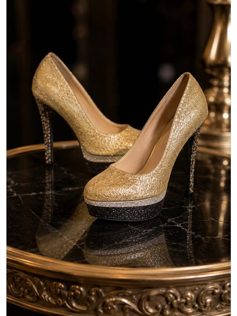 Gold Glitter Platform High Heels With Black & Silver Accents Size 10 Betsey John